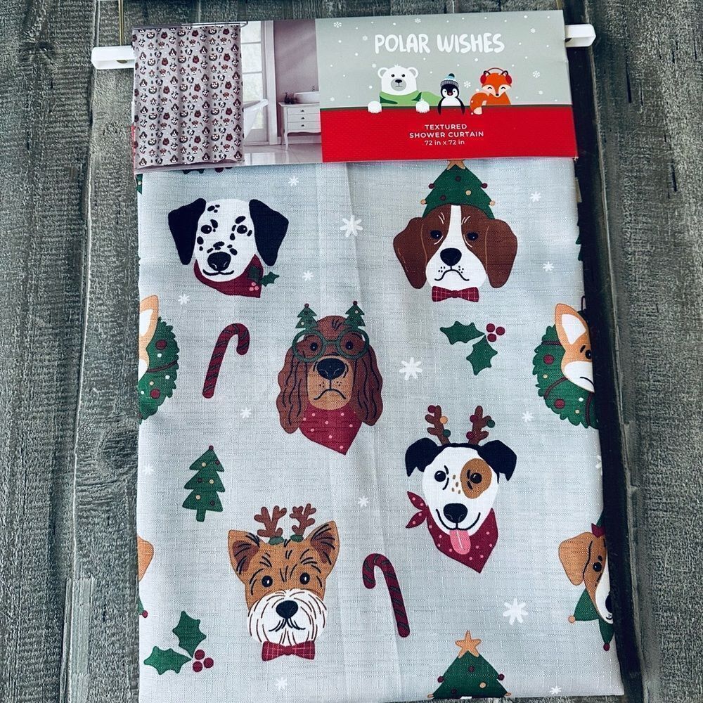 Christmas Dogs Holly Print Holiday Textured Fabric Shower Curtain
